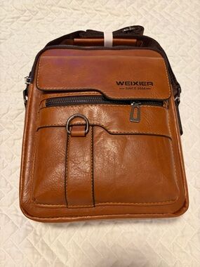 WEIXIER Tan Leather Messenger Sling Bag for Men New